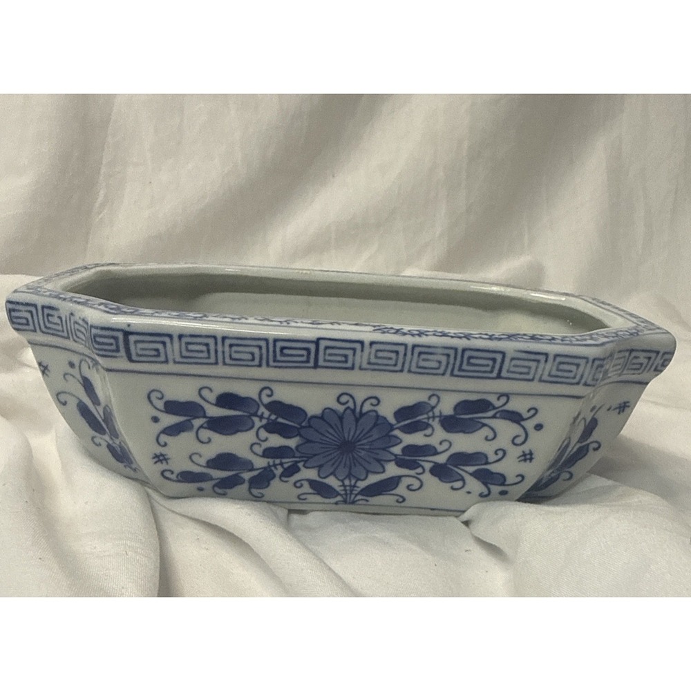 Vintage Blue White Chinoiserie Octagonal Porcelain Bonsai Planter Bowl Floral